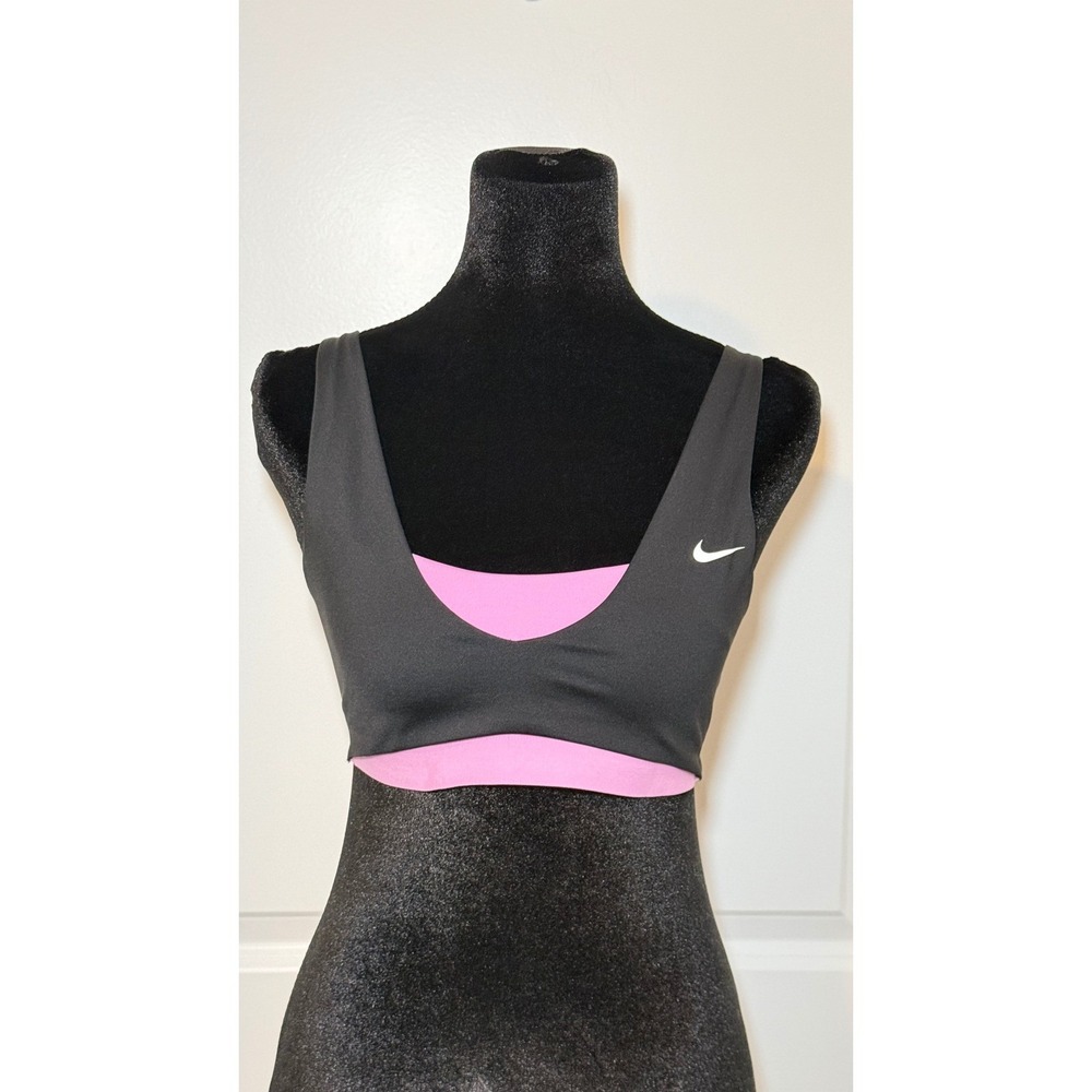 Nike Pro Sports Bra Womens Small Grey Pink Layered V-Neck Adjustable Straps